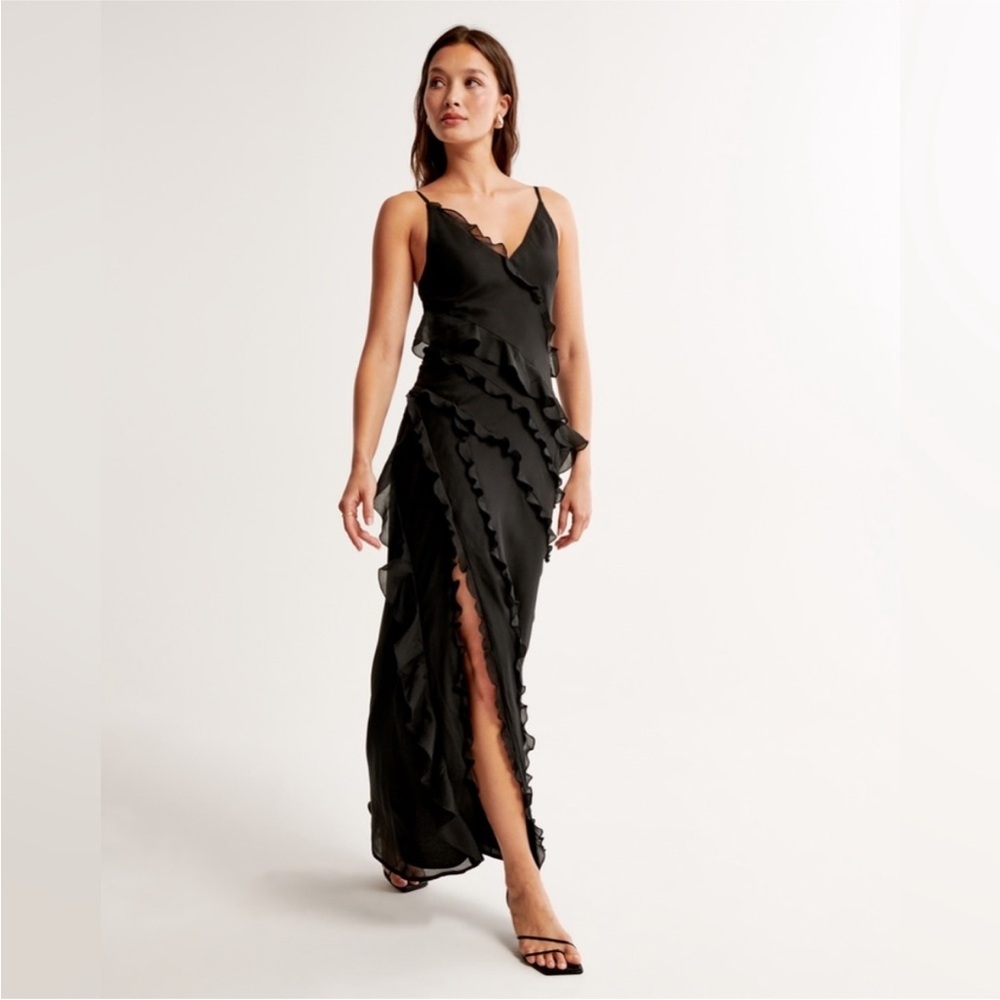 NWT Abercrombie & Fitch Draped Ruffle Maxi Dress in Black Size XS